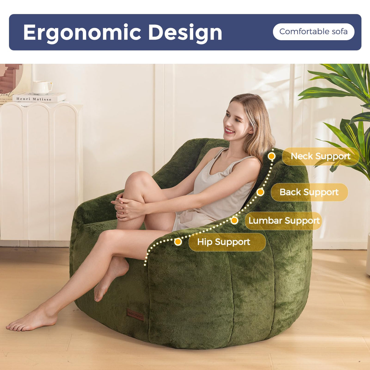 MAXYOYO Bean Bag Chair, Comfy Bean Bag Sofa with Back Support, Faux Fur Bean Bag Chair for Adults and Kids, Stuffed Floor Sofa for Living Room, Bedroom, Apartment, Green MAXYOYO