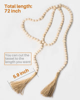 Wood Bead Garland with Tassels, 72 Inch Natural Wooden Beads Garland, 6 Feet Handmade Boho Farmhouse Decor, Coffee Table Decor DF DUALFERV