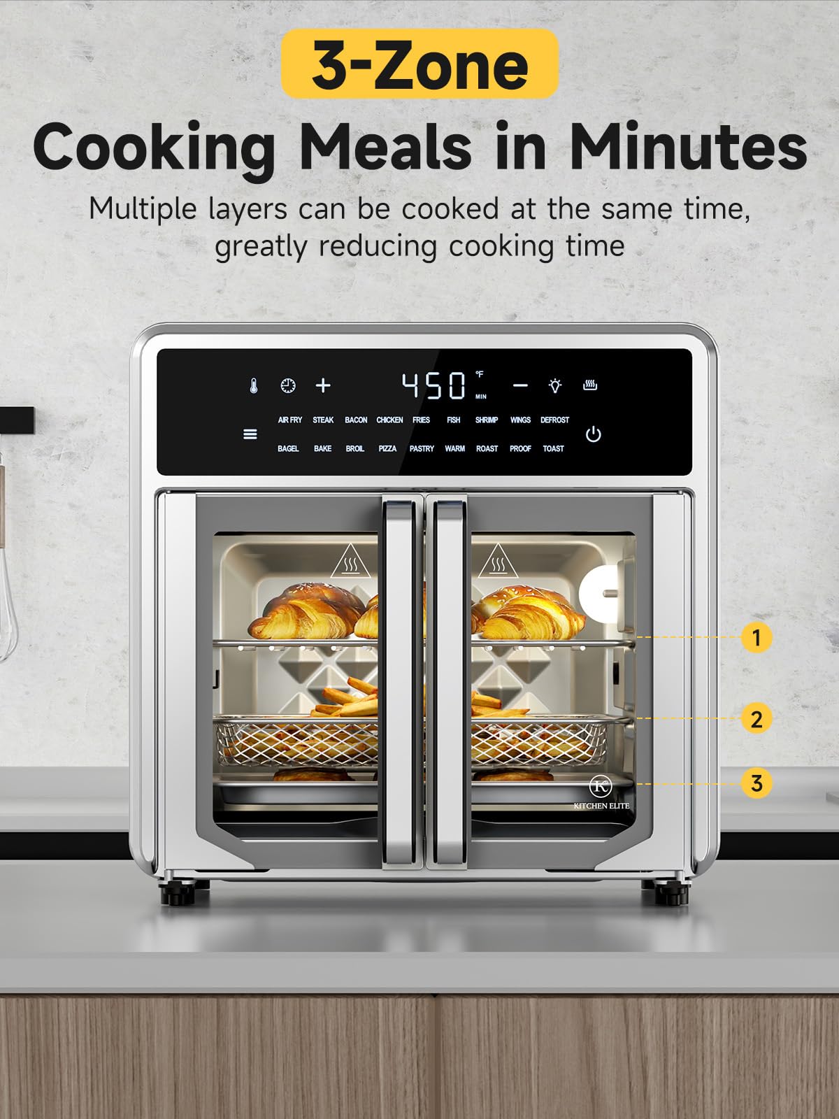 Kitchen Elite Air Fryer French Door Oven,15.8 Qt Toaster Oven Countertop Combo,18 Presets & 1 Preheat & Light, Airfryer Basket,Wire Rack,Baking Pan,Crumb Tray,Compact Design,Stainless Steel,Small Kitchen Elite