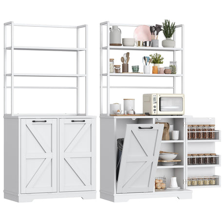 Frmobepts Kitchen Bakers Rack with Storage, 68'' Tall 6 Tier Farmhouse Pantry Cabinet with Trash Bin Cabinet, Microwave Stand Kitchen Cabinet with Hutch,White Frmobepts