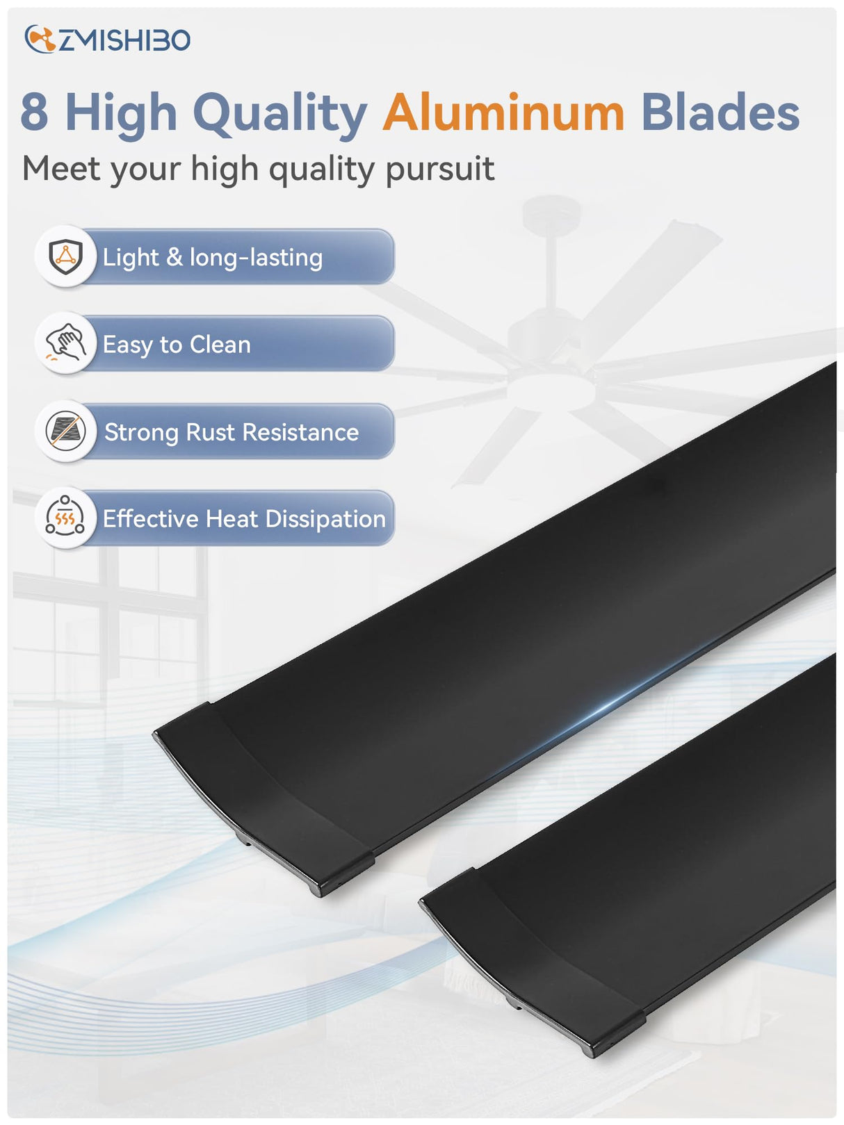 ZMISHIBO 72 inch Aluminium Blade Ceiling Fans with Lights and Remote, Outdoor Ceiling Fans for Patio Living Room with Quiet DC Motor, 6 Speed Reversible, 3 CCT, Black Industrial Ceiling Fan, 8 Blades ZMISHIBO