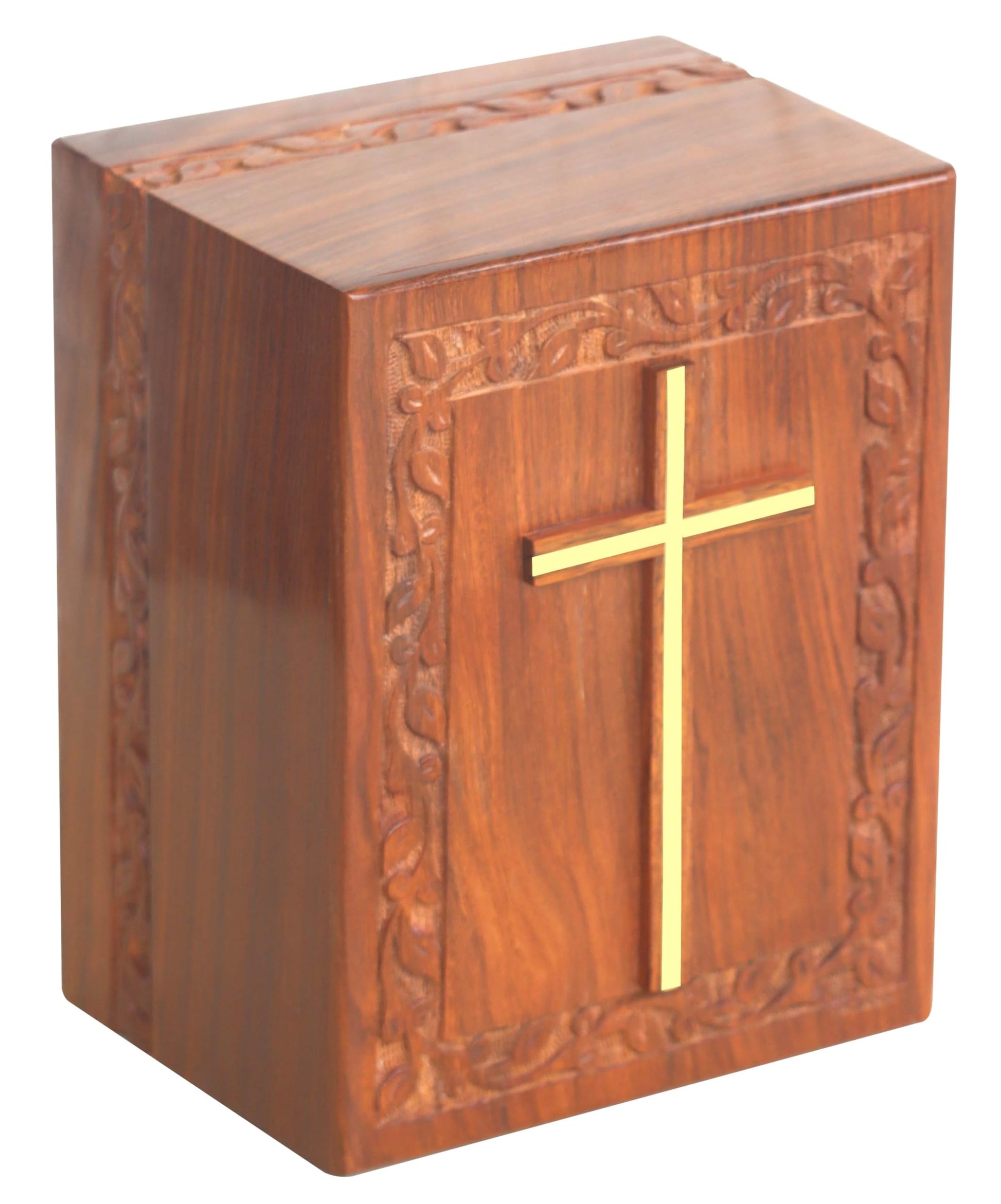 Wooden Cross Urn Box For Adult Ashes | Wood Cremation urns for Large Ashes | Rosewood Urns | Border Carving Urns | Handmade urns | Urns for Large Ashes 280 Cubic Inches With Bottom Opening Sy - WoodArtSupply