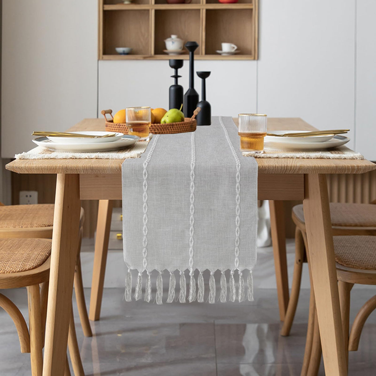 Boho Table Runner, Rustic Farmhouse Cotton and Linen Table Runner with Hand-Tassels, Elegant Kitchen Table Runner for Daily Dining Bedroom Decor and Event Holiday Party Decor 13×72 inches, Grey Vspek