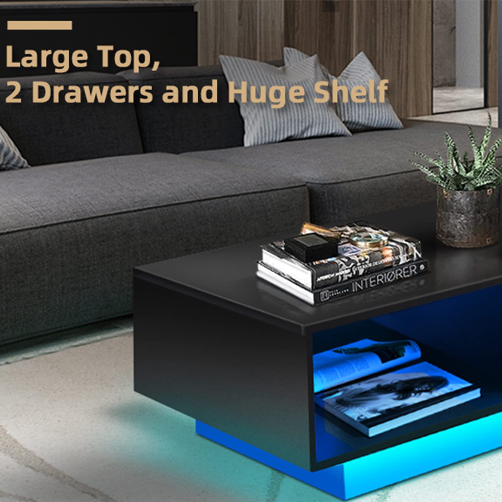 HOMMPA Led Coffee Table Black Low Profile Matte Coffee Table with High Gloss Tabletop and Storage Drawers Modern Small Center Coffee Table with Plug in Wired Led Light for Living Room 13" Tal - WoodArtSupply