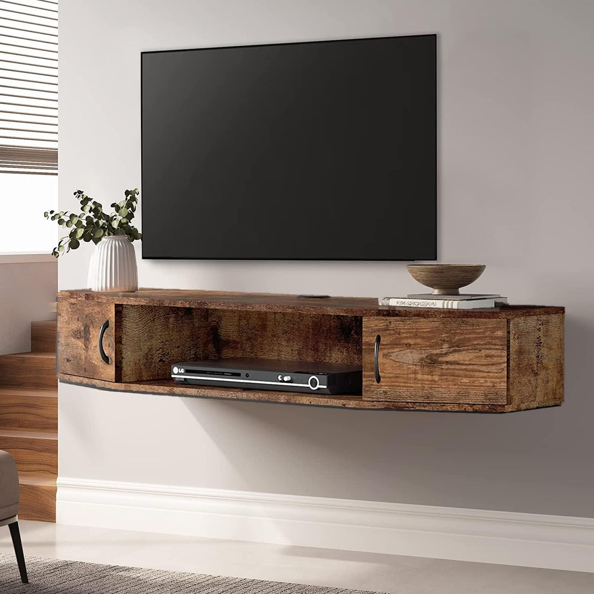 FITUEYES Floating TV Stand Wall Mounted TV Shelf Entertainment Center, Media Console with Cabinet Modern Component for Storage Hutch Under TV for Living Room Office,Rustic Brown FITUEYES