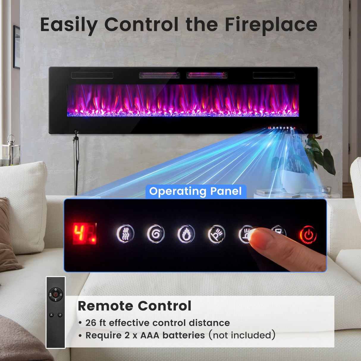 COSTWAY Ultra-Thin Electric Fireplace 72-inch Wide, 750W/1500W Wall-Mounted and Recessed Fireplace Heater with 12 Flame and Flame Bed Color, Remote and Smart APP Control, Decorative Crystal Included COSTWAY