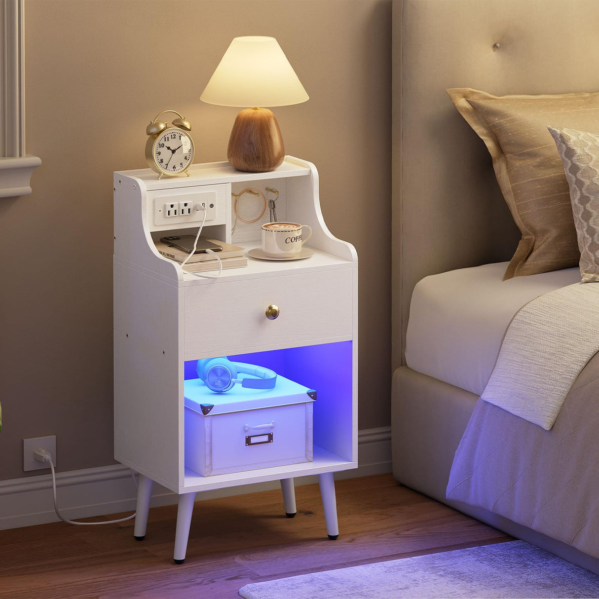 HOOBRO Nightstand with Charging Station and LED Light, Bedside Table with Fabric Drawer, End Table with USB Ports & Outlets, Modern Side Table, Sofa Table for Bedroom, White WT188UDBZ01 HOOBRO