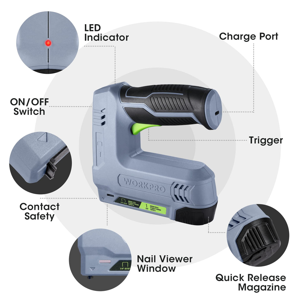 WORKPRO 3.6V Power Electric Cordless 2-in-1 Staple and Nail Gun, 2.0Ah Battery Powered Stapler for Upholstery, Crafts, DIY, Including USB Charger Cable, 2000PCS of Staples and Nails, Grey WORKPRO