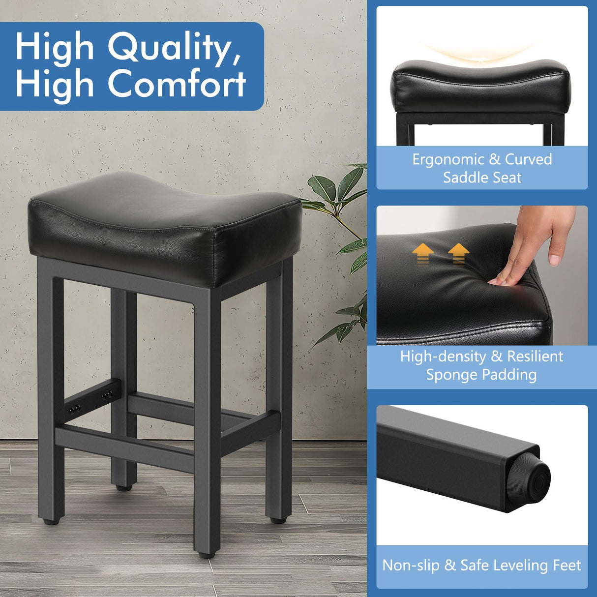Raynesys Counter Height Bar Stools Set of 2, 24 Inch Barstools for Kitchen Island Counter, Bonded Leather Kitchen Stools with Thick Saddle Seats & Heavy Duty Metal Base, Easy Assembly, All Black Raynesys