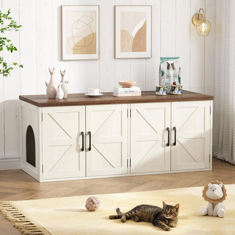 Halitaa Litter Box Enclosure for 2 Cats, Farmhouse Hidden Litter Box Furniture with Barn Doors, Large Double Room Cat House for Living Room, Washroom, Entryway Bench, 47.2'' x 19.7'' x 19.7'', White Halitaa