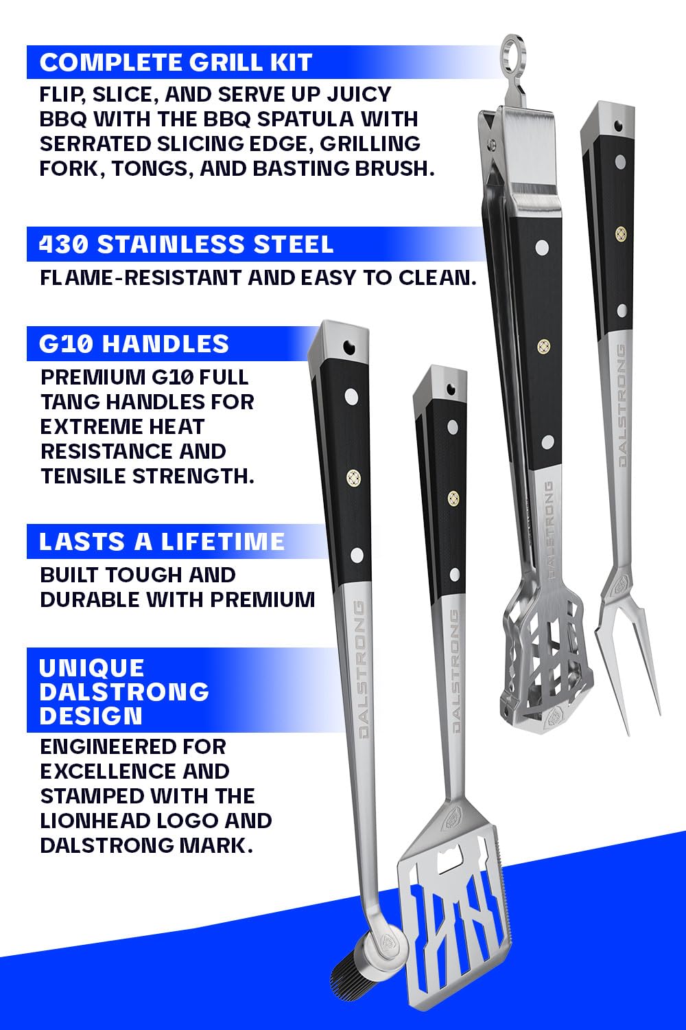 Dalstrong 4-Piece Professional BBQ Pitmaster Grill Set - Premium High-Carbon Stainless Steel Grilling Accessories - 18 inch Length - Silicone Brush, Spatula, Tongs, Fork - G10 Handles Kitchen Set Dalstrong