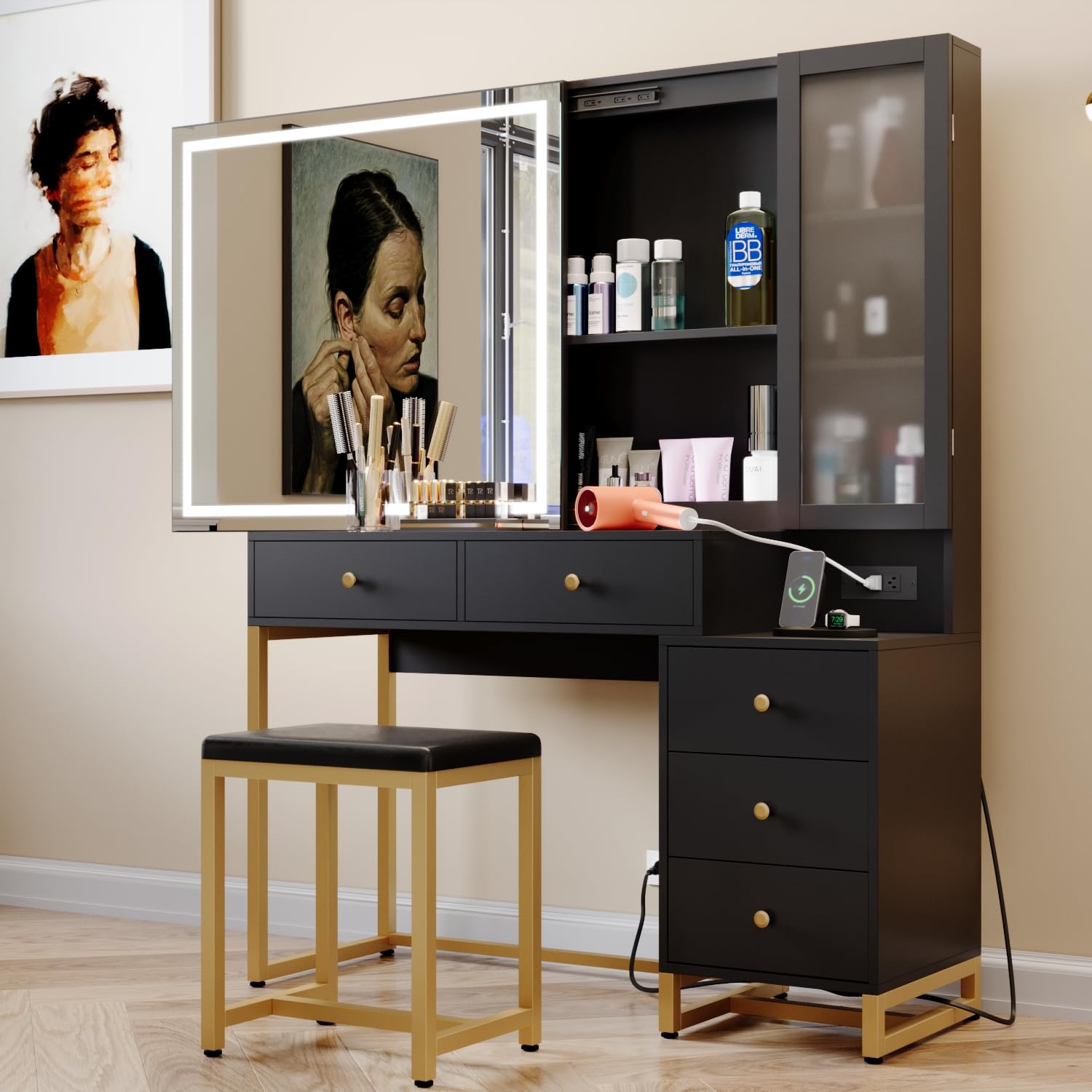 GLAUBIO Vanity Desk with Mirror and LED Lights, Makeup Vanity Desk with Sliding Lighted Mirror, Charging Station,Makeup Dressing Table with 5 Drawers, Storage Shelves & Vanity Stool for Bedro - WoodArtSupply