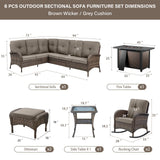 Belord 8 Pieces Patio Conversation Set with 43” Propane Fire Pit Table, Outdoor Sectional Furniture Sofa Set with Removable Gray Cushions for Patio Deck Backyard Brown Belord