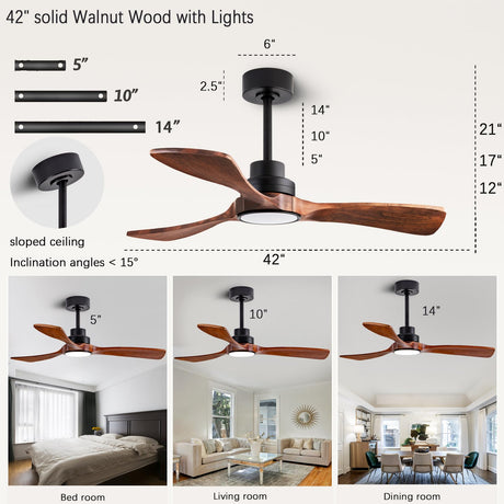 dearnow 42" Ceiling Fan Light with Lights with Remote Control, Indoor Outdoor Wooden Ceiling Fan with 3 Wooden Blades for Patio, Living Room, Office, Farmhouse and More. (Black + Mahogany Color) dearnow