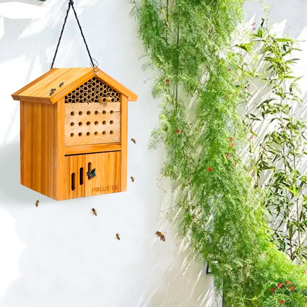 Mason Bee House - Wax Coated Waterproof Hotel for The Garden, Natural Handmade Wooden Home, Attracts Peaceful Pollinators, Native Habitat POLLIBEE