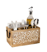 Mie Creations 4 Compartment Wooden Silverware Caddy Utensil Holder, Farmhouse Cutlery Flatware Organizer, Decorative Wood Caddy with Metal Handles for Kitchen Countertop, Picnic, Buffet Party- White Mie Creations
