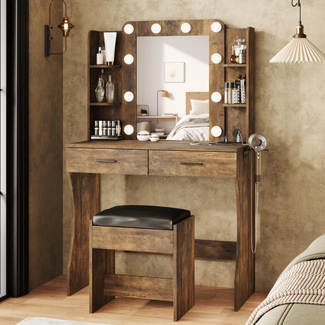 Maupvit Vanity Desk with Mirror and Lights,Makeup Vanity Table Set with Power Outlet,3 Lighting Modes & Adjustable Brightness Dressing Table with 2 Drawers for Bedroom Dressing Room,Rustic Brown Maupvit