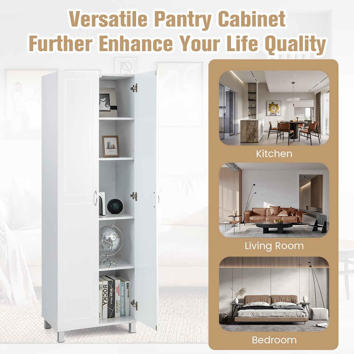 Tangkula 73.5 Inch Tall Storage Cabinet with Double Door, Freestanding Pantry Cabinet with Adjustable Shelf & Anti-tilt Design, Modern Utility Organizer for Kitchen Living Room (White) Tangkula