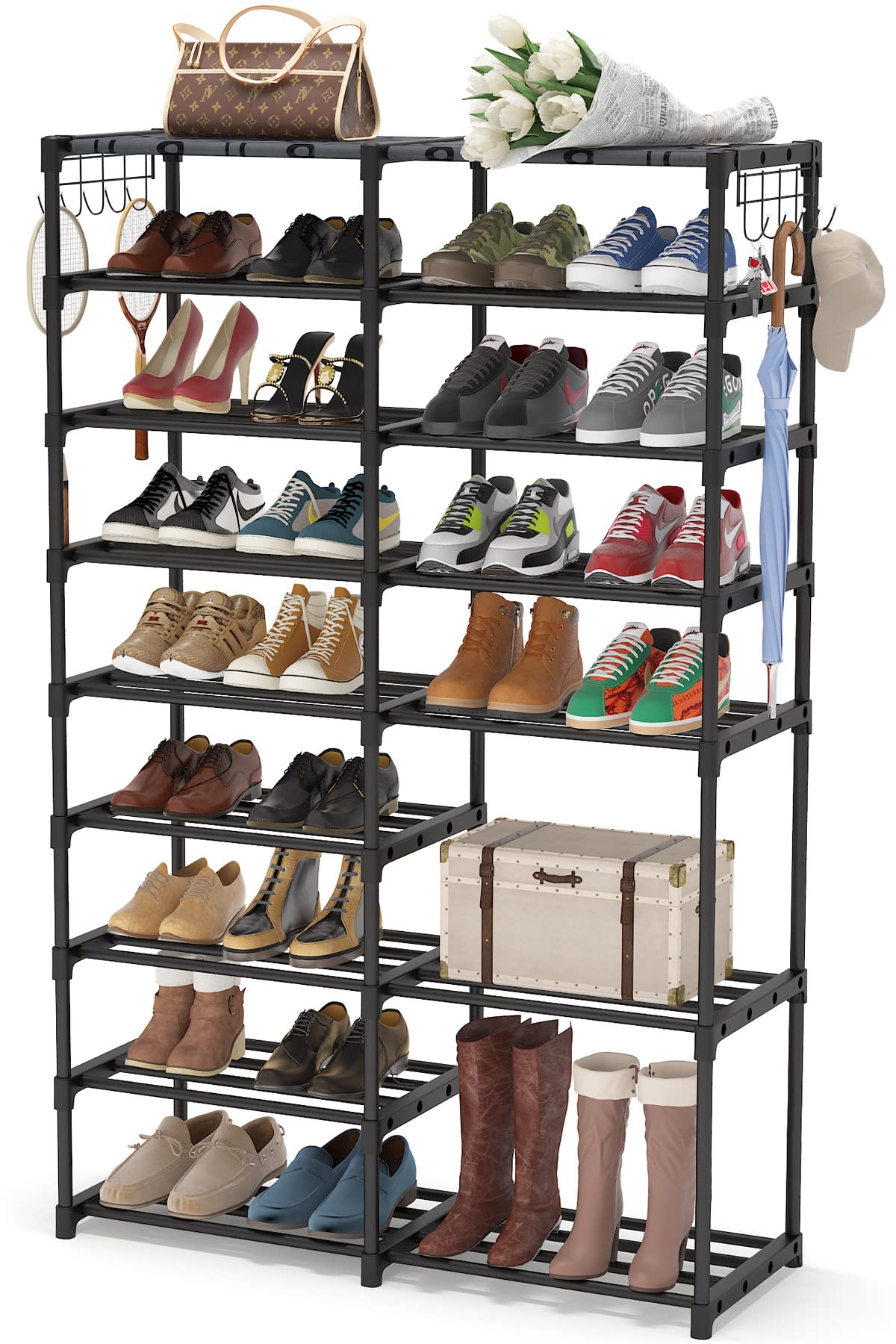 Tribesigns Shoe Rack Organizer, 32-40 Pairs Storage Shelf, 9 Tiers Stand, for Closet, Boot Organizer with 2 Hooks, Stackable Tower - WoodArtSupply