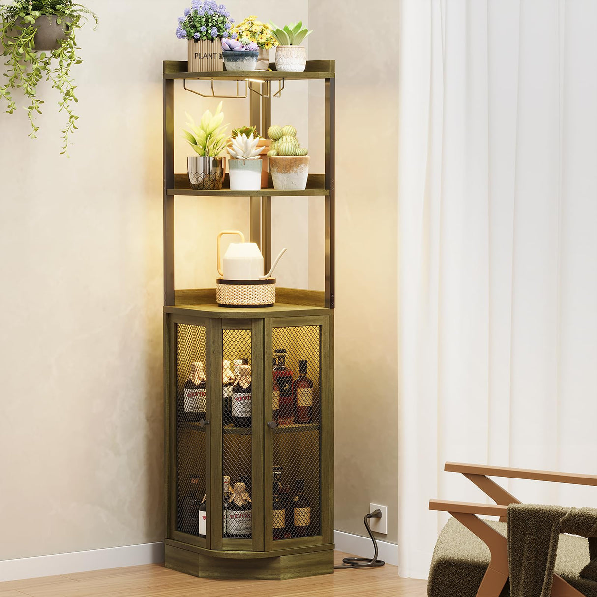 EOYUTLLY Corner Bar Cabinet with Power Outlet and LED Strip, 5-Tier Corner Liquor Wine Display Cabinet for Home, Storage Solution, for Living Room, Kitchen, Home, Gray EOYUTLLY