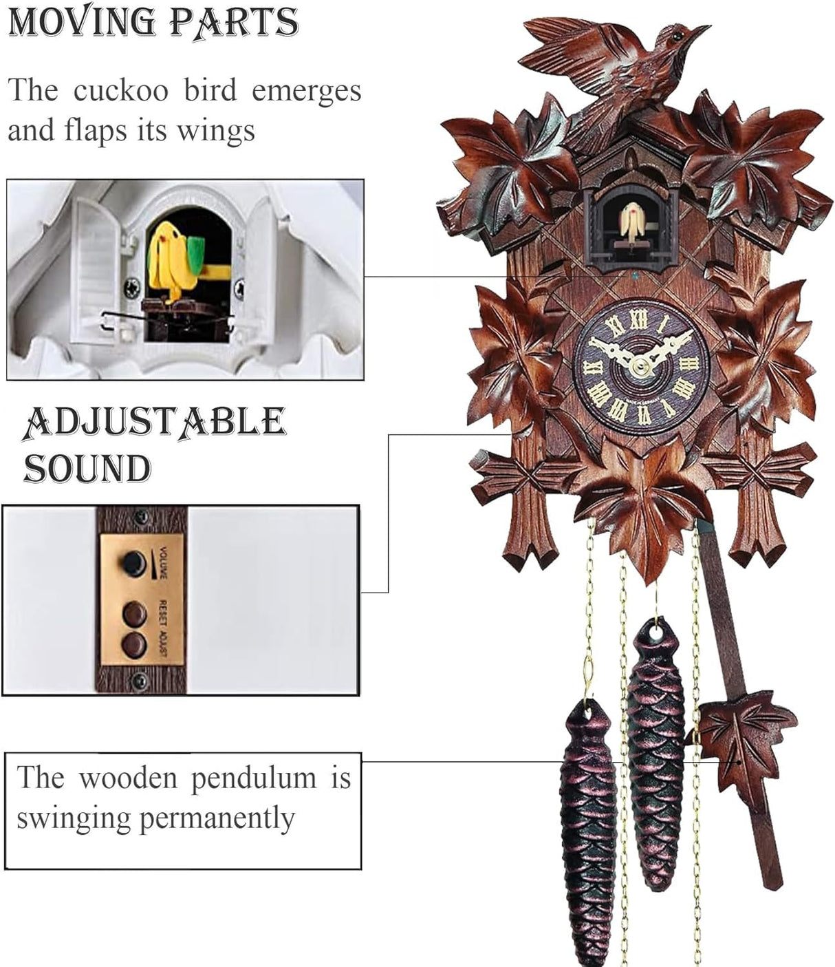 Pobking Engstler Quartz Cuckoo Clock 5-Leaves, with Singing Bird,Night Mode and Swinging Pendulum, Quartz Cuckoo Clock for Wall, Walnut Pobking