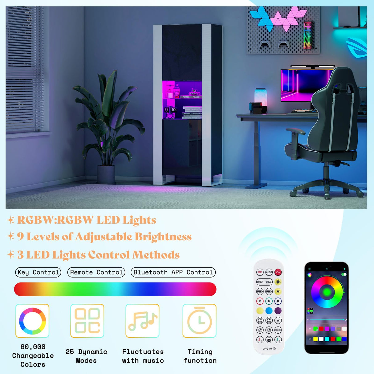 AMERLIFE Modern LED Bookcase, 68in Storage Cabinet with 6 Tiers for Storage & 3 Adjustable Shelves, High Glossy Display Case for Living Room, Home Office, Study Room, Black AMERLIFE