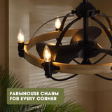Industrial Caged Ceiling Fan with Lights, 27" Farmhouse Fandelier with Remote Control, 6-Speed Quiet Reversible Motor, E12 Base, Rustic Black and Wood Finish, No Bulbs Included Fansconce