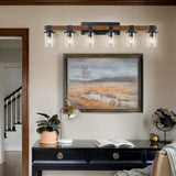 DUJAHMLAND 6-Light Wood Vanity Light,40.5 inch Farmhouse Bathroom Metal Wall Sconce with Cylinder Clear Glass Shade,Industrial Wall Light Fixtures for Hallway,Kitchen,Bedroom(Wood, 6-Light) DUJAHMLAND