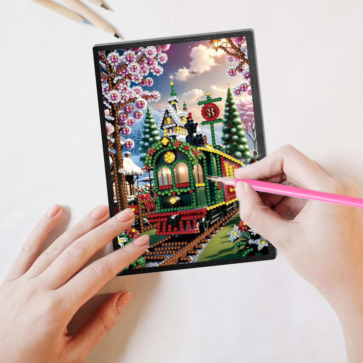 JISHSHAY 2 PCS Christmas Diamond Painting Notebook Diary Christmas Tree Diamond Art Leather Journal Xmas Gem Art Note Book Train Mosaic Kits for Adults Journal Notebook Gem Painting Sketchbook Diary JISHSHAY