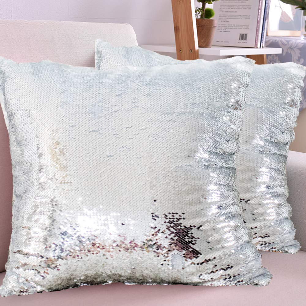HMQIANG Sublimation Sequin Pillow Cases Blank 16 x 16 Inch 4PCS Silver and White Reversible Mermaid Flip Glitter Pillow Covers HMQIANG