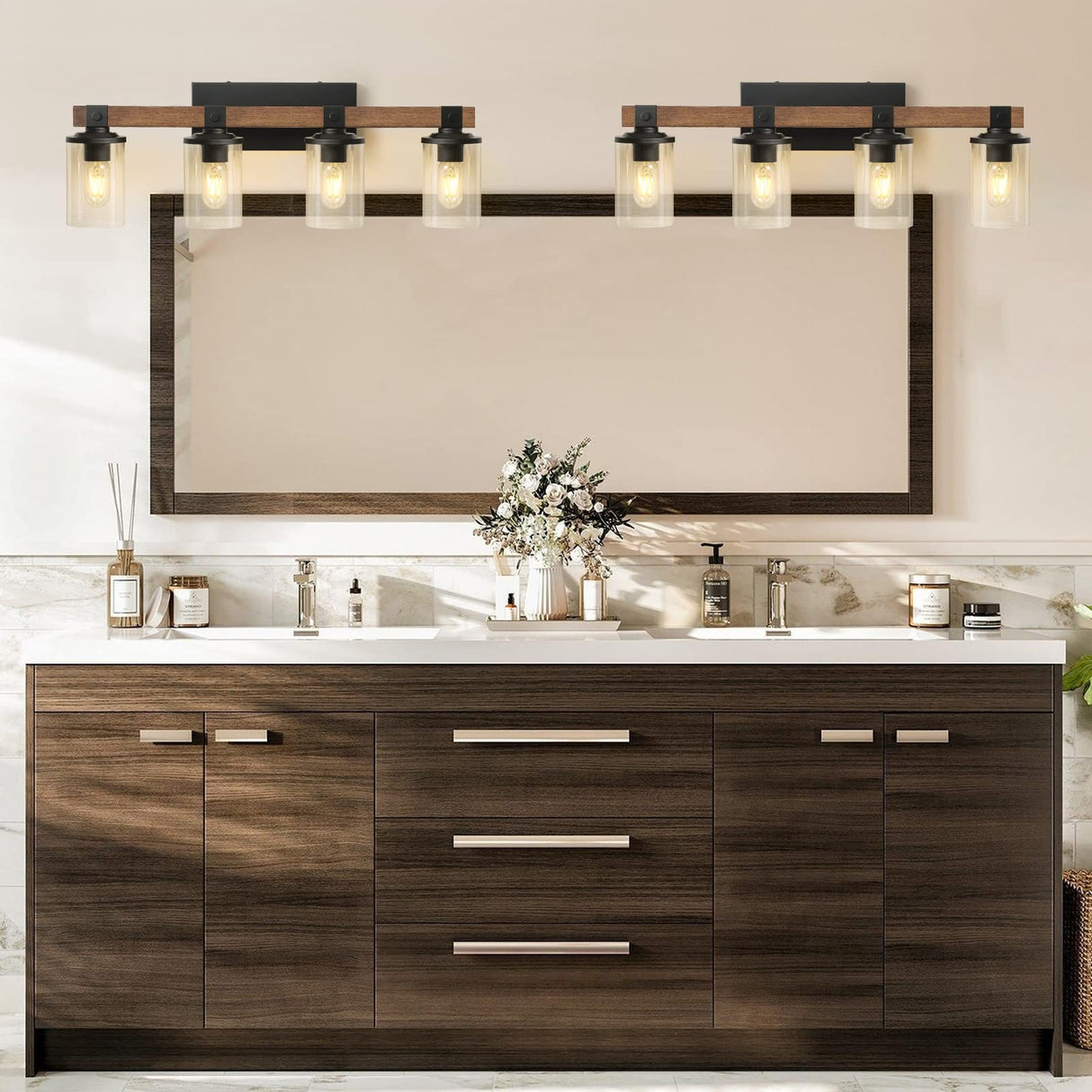 Bathroom Vanity Light Fixtures 4 Lights, Wooden Farmhouse Vanity Lights Rustic Bathroom Lights Over Mirror with Clear Glass Shade Black Industrial Wall Sconce for Bathroom Bedroom Hallway Kitchen GoYeel
