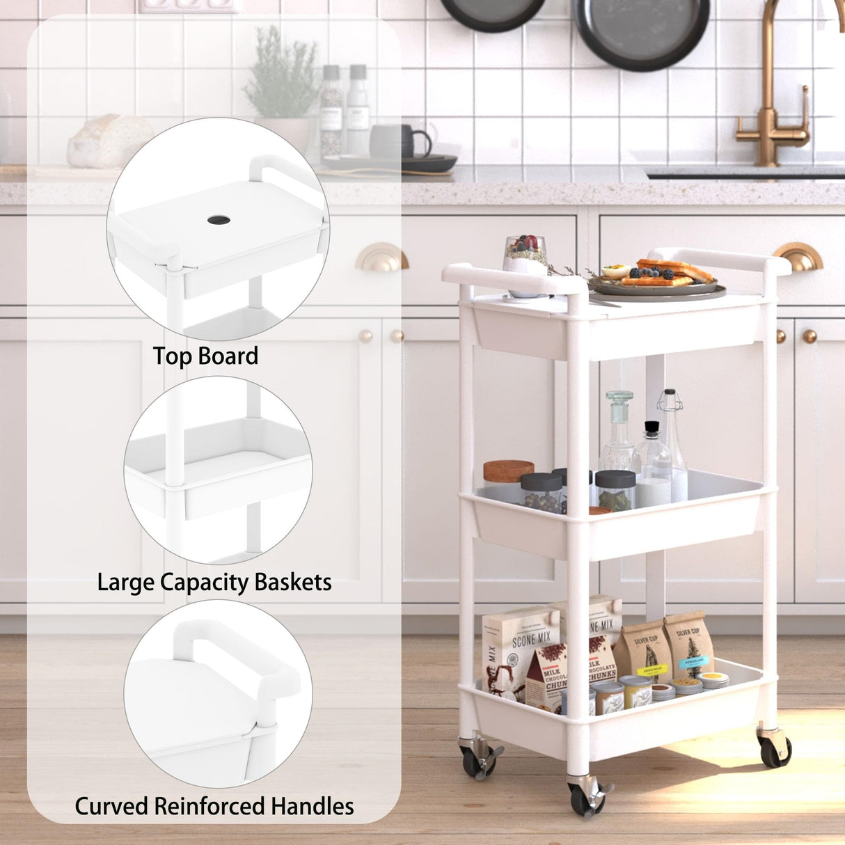 Steehoom 3-Tier Utility Rolling Cart with Cover Top Board, Mobile Utility Cart with Lockable Casters Multi-Functional Storage Trolley for Office, Bathroom, Kitchen, Garden, Laundry Room (White) Steehoom