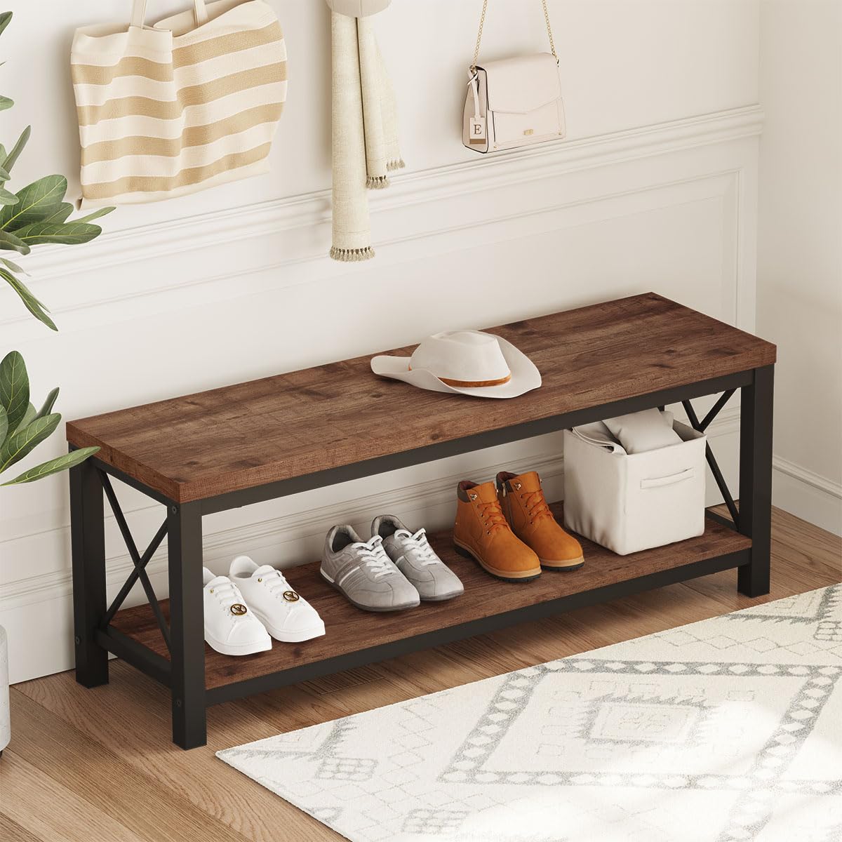 BON AUGURE 2 Tier Shoe Bench with Storage, Wood Metal Entryway Bench ...