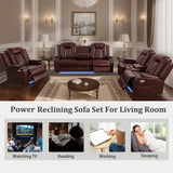 GEBADOL Power Recliner Sofa Set,Burgundy Leather Reclining Couch with USB Port/Cup Holders/Storage Console,Leather Sofas with Power Recliner for Living Room/Apartment/Office GEBADOL