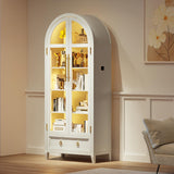 HNEBC Book Shelf with LED Lights, Arched Display Case with Storage Cabinet, Smart Pantry Cabinet with Glass Door, Bookcase, Toy Organizer with Solid Wood Legs for Livng Room/Bedroom Furnniture-White HNEBC