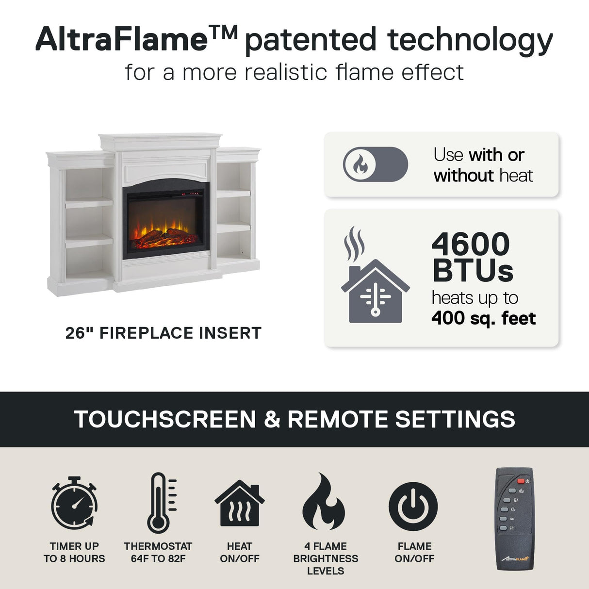 Ameriwood Home Lamont 69 Inch Electric Fireplace with Mantel, Shelves, Replaceable Fireplace Insert Heater, Remote Control, Timer, Realistic Log and Flame Effect, For Living Room or Bedroom, White Ameriwood Home