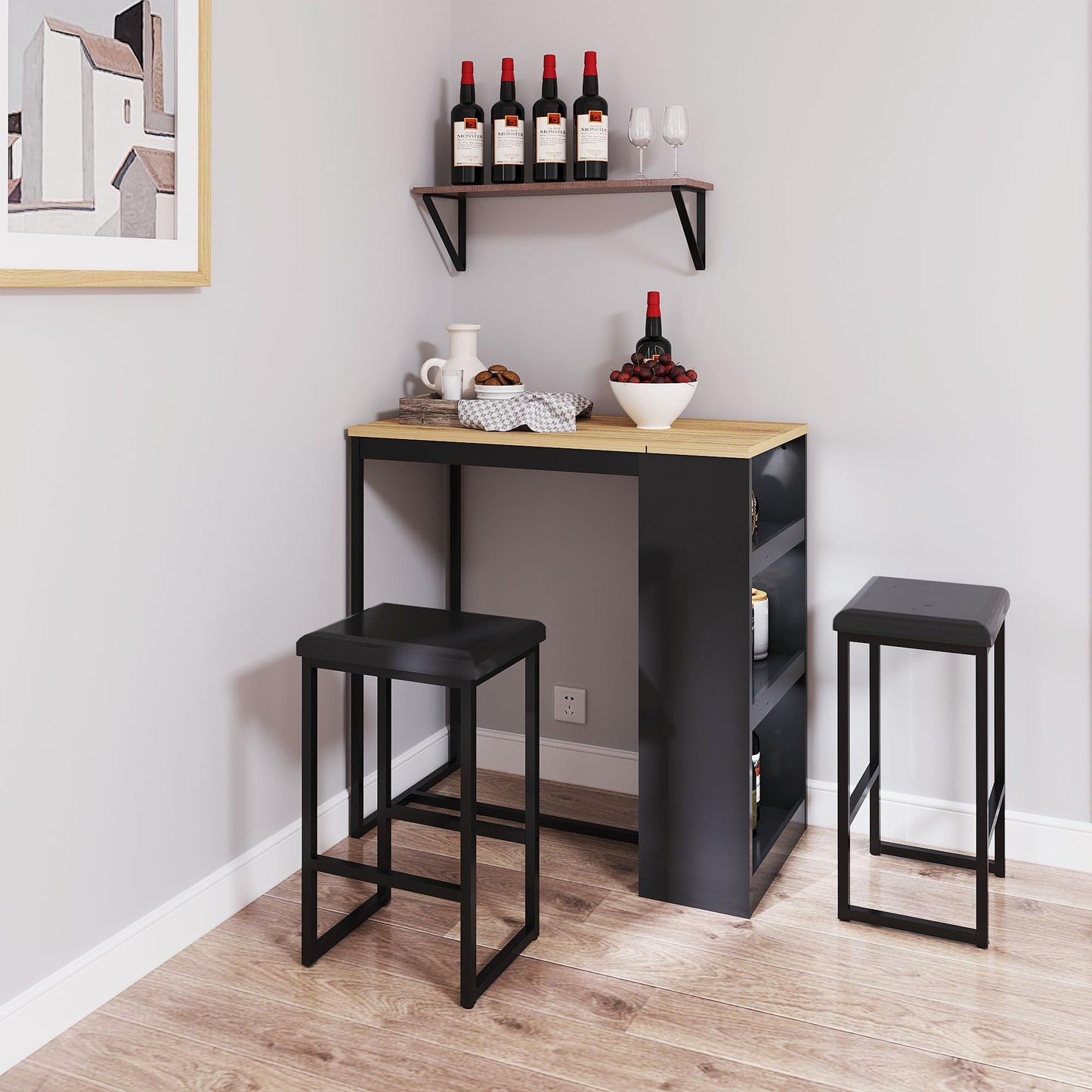 Gyger 3-Piece Black Dining Set with Storage Shelves – Compact Kitchen Bar Table and Stools for Small Spaces - WoodArtSupply