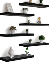 HXSWY Wood Floating Shelves for Wall, Wooden Wall Shelves for Bedroom, Wall Mounted Shelves for Living Room, Set of 6 Black HXSWY
