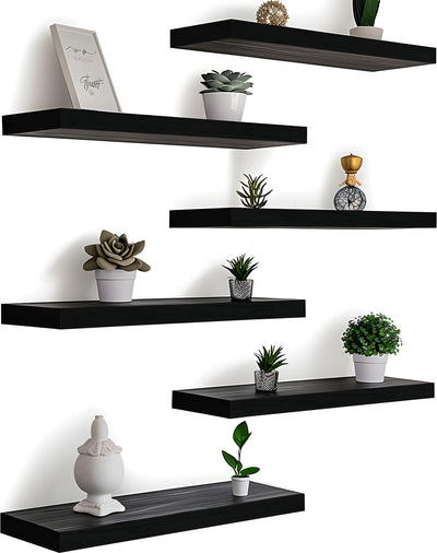 HXSWY Wood Floating Shelves for Wall, Wooden Wall Shelves for Bedroom, Wall Mounted Shelves for Living Room, Set of 6 Black