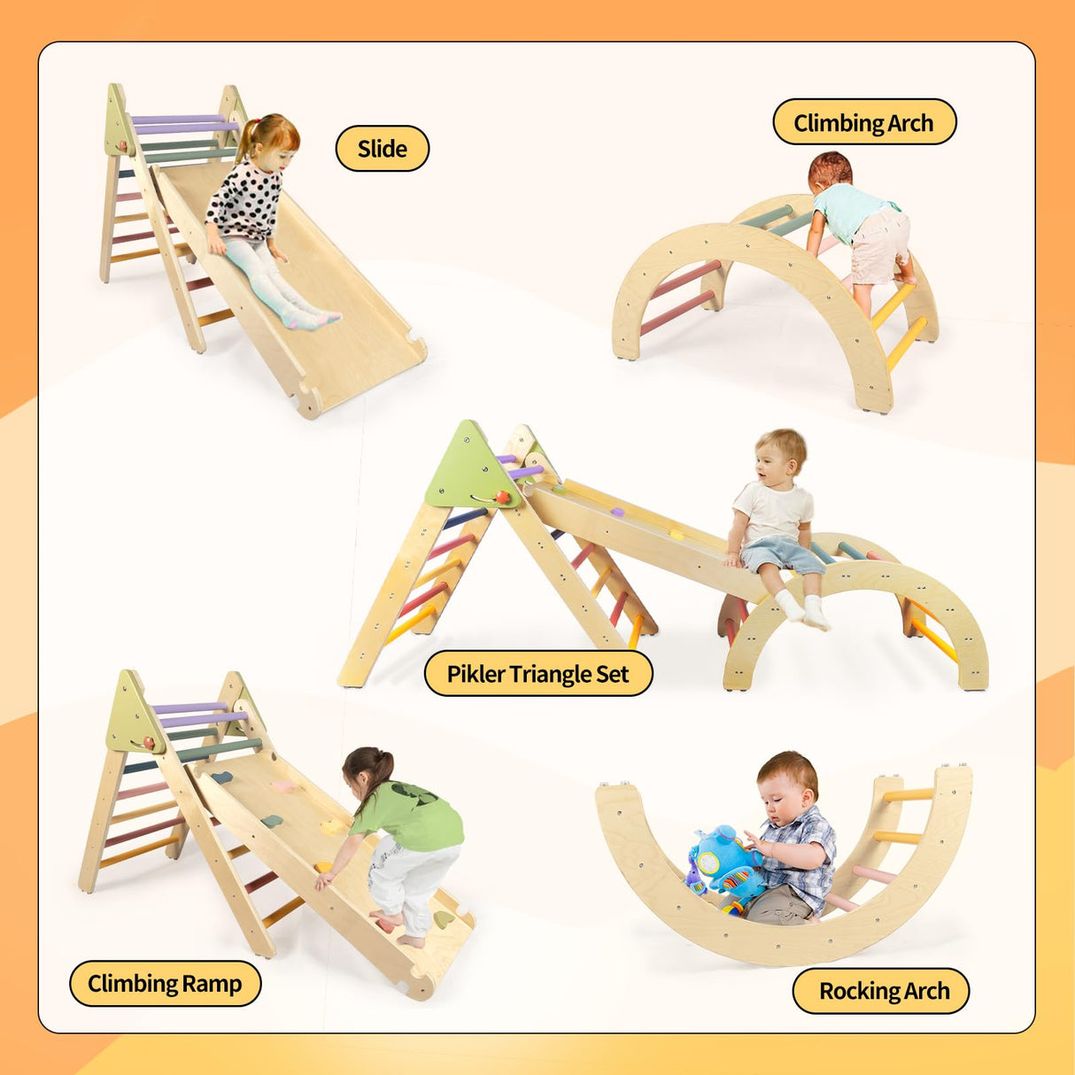 BAUTIA Pikler Triangle Set, Toddler Climbing Toys Indoor Playground, Wooden Montessori Climbing Toys for Toddlers 1-3 Inside Bautia