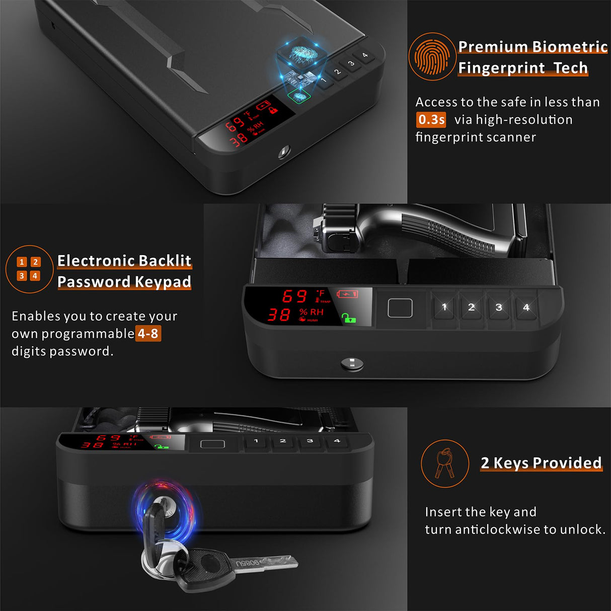 Z ZLJUAN Portable Gun Safe with LCD Display of Temp,Humidity,Pistol Safe with Biometric Fingerprint,Keypad Lock,Key,Biometric Handgun Safe for Travel/Home/Car/Nightstand Beside (Black) Z ZLJUAN