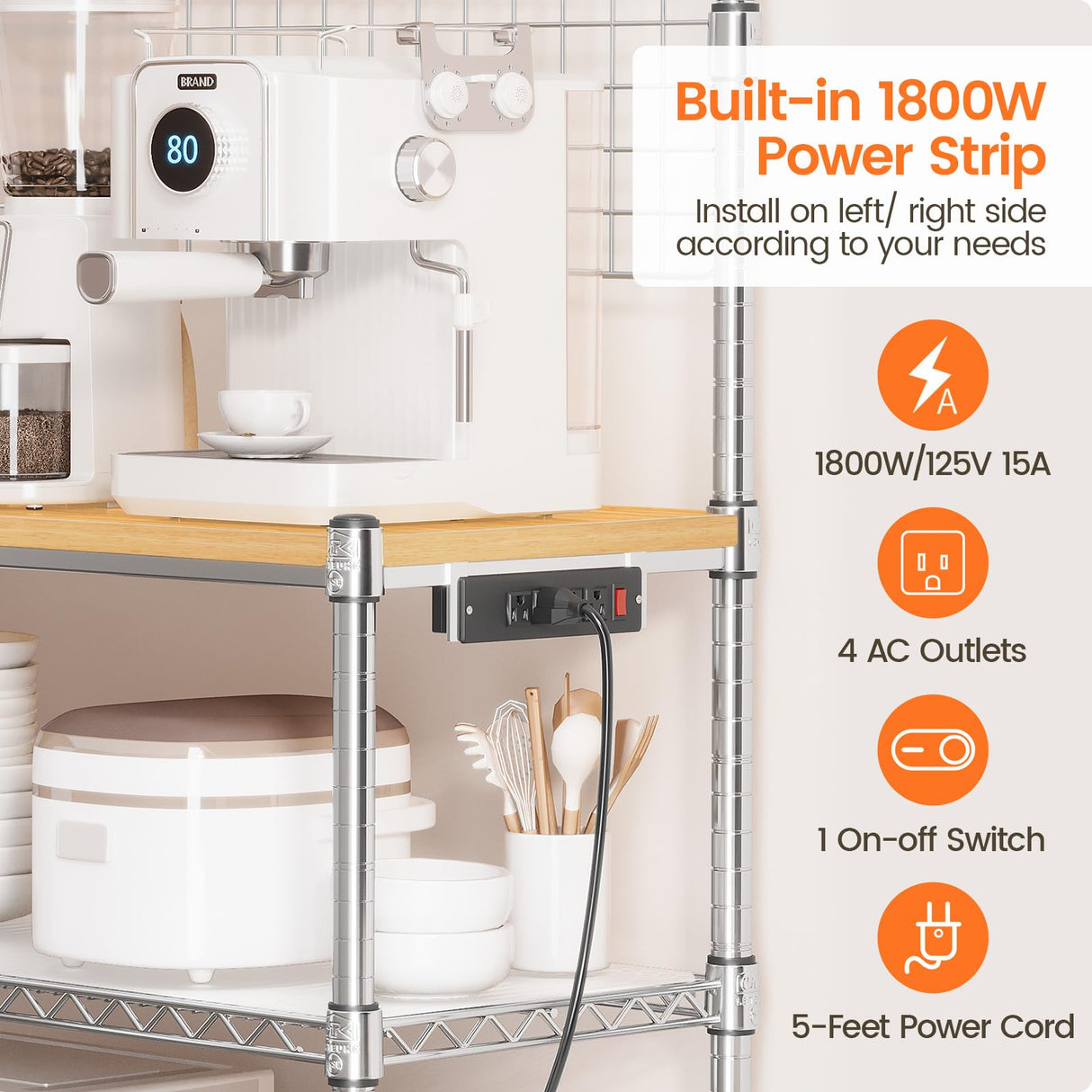 Leteuke Bakers Rack with Power Outlet & Storage, 36 Inch Microwave Stand Kitchen Cart, 4-Tier Metal Kitchen Shelves Cart with Wheels & 20 S-Hooks for Kitchen, NSF Certified, 63 x 18 x 36 Inch-Chrome Leteuke