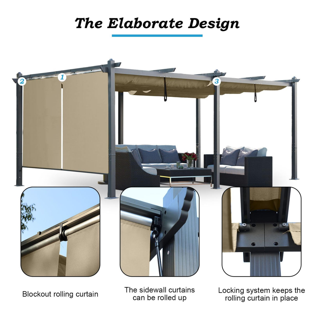 Aoodor 12 x 20 FT Outdoor Pergola with Retractable Shade Canopy, Dark Gray Matte Aluminum Frame, 2 Pieces Roller Shade Curtain, Grape Trellis Pergola Aoodor