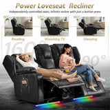 SAMERY Power Loveseat Recliner Sofa Set, Faux Leather Reclining Loveseat Sofa RV Couch Living Room Furniture Set with Console, Bluetooth Speakers, LED Light, USB, Cup Holders (Black 2 Seater) SAMERY