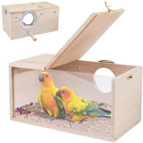 Rypet Parakeet Nesting Box Transparent Design, Thwartwise Bird Nest Breeding Box with Perch Wood Bird Cage House for Cockatiel Lovebirds Budgie Finch Parrotlets Canary M Rypet