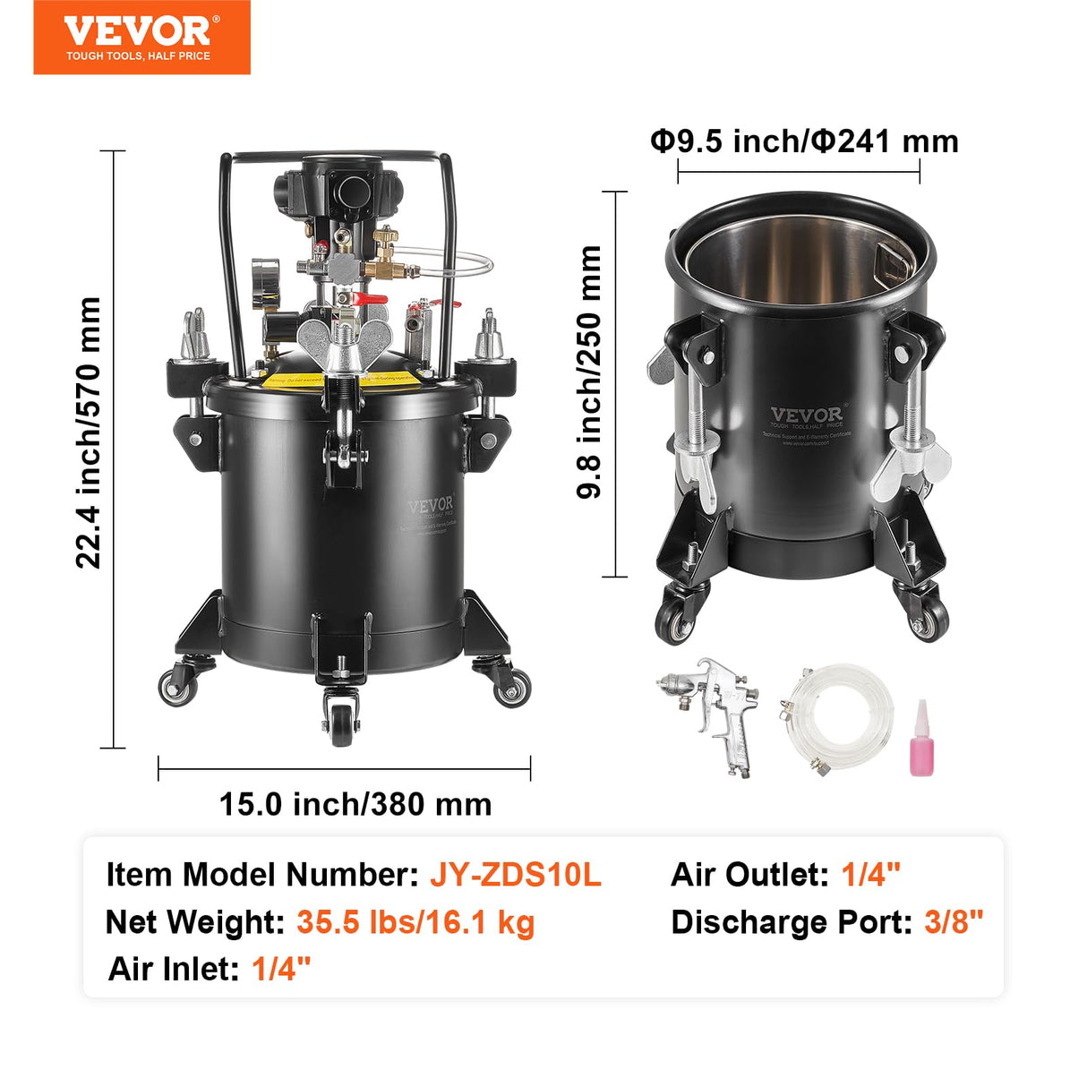 VEVOR Spray Paint Pressure Pot, 10 L/2.5 gal Fully Automatic Stirring Pressure Pot Tank, 70 psi Adjustale Pressure, Pressure Pot Paint Tank with Spray Gun and Hoses, for Home Decor Industry Painting VEVOR