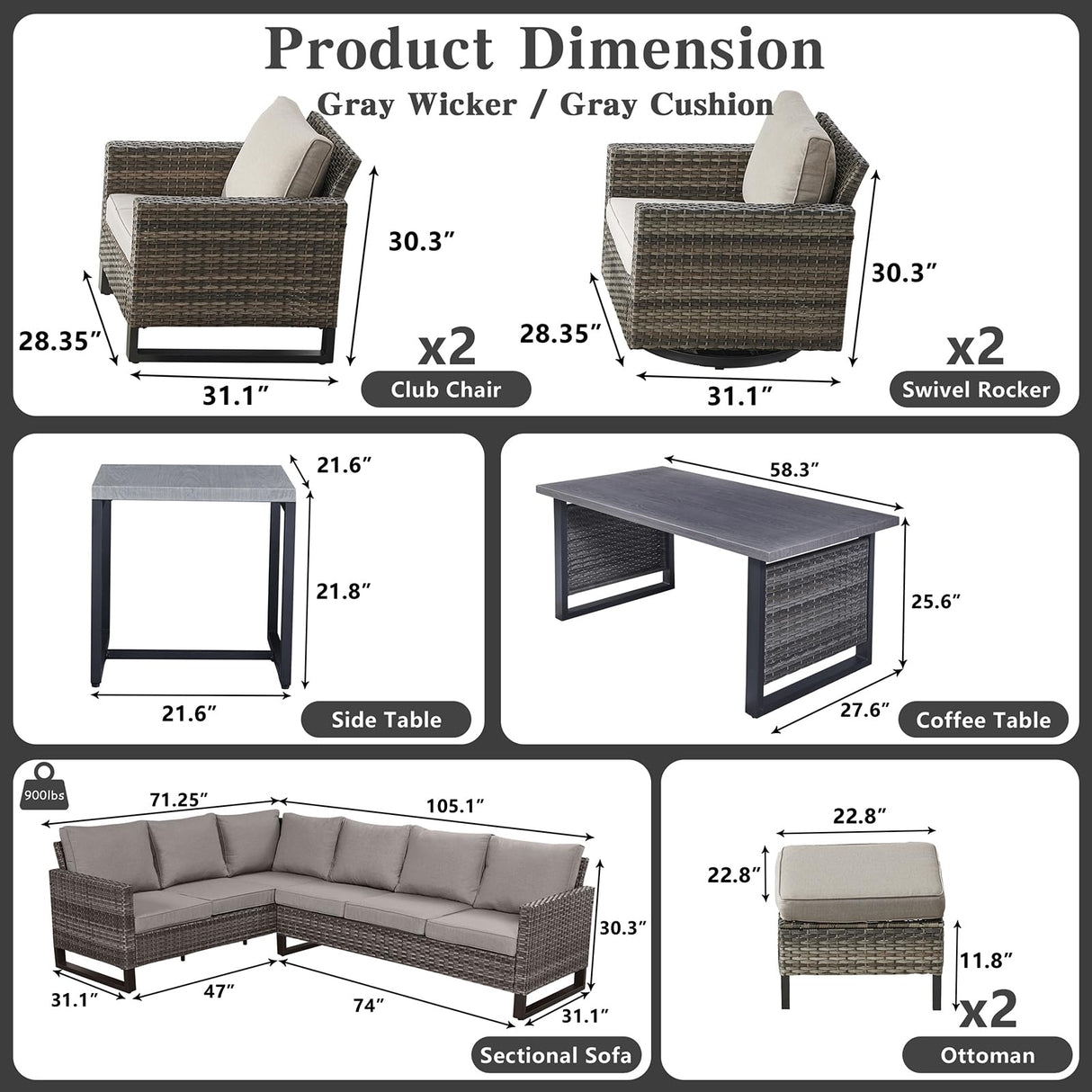 Belord Outdoor Sectional Furniture with Swivel Rocker Chair, 10 Pieces Wicker Patio Furniture Sets with Ottoman L Shaped Sofa Coffee Table Grey Cushion Belord