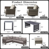 Belord Outdoor Sectional Furniture with Swivel Rocker Chair, 10 Pieces Wicker Patio Furniture Sets with Ottoman L Shaped Sofa Coffee Table Grey Cushion Belord
