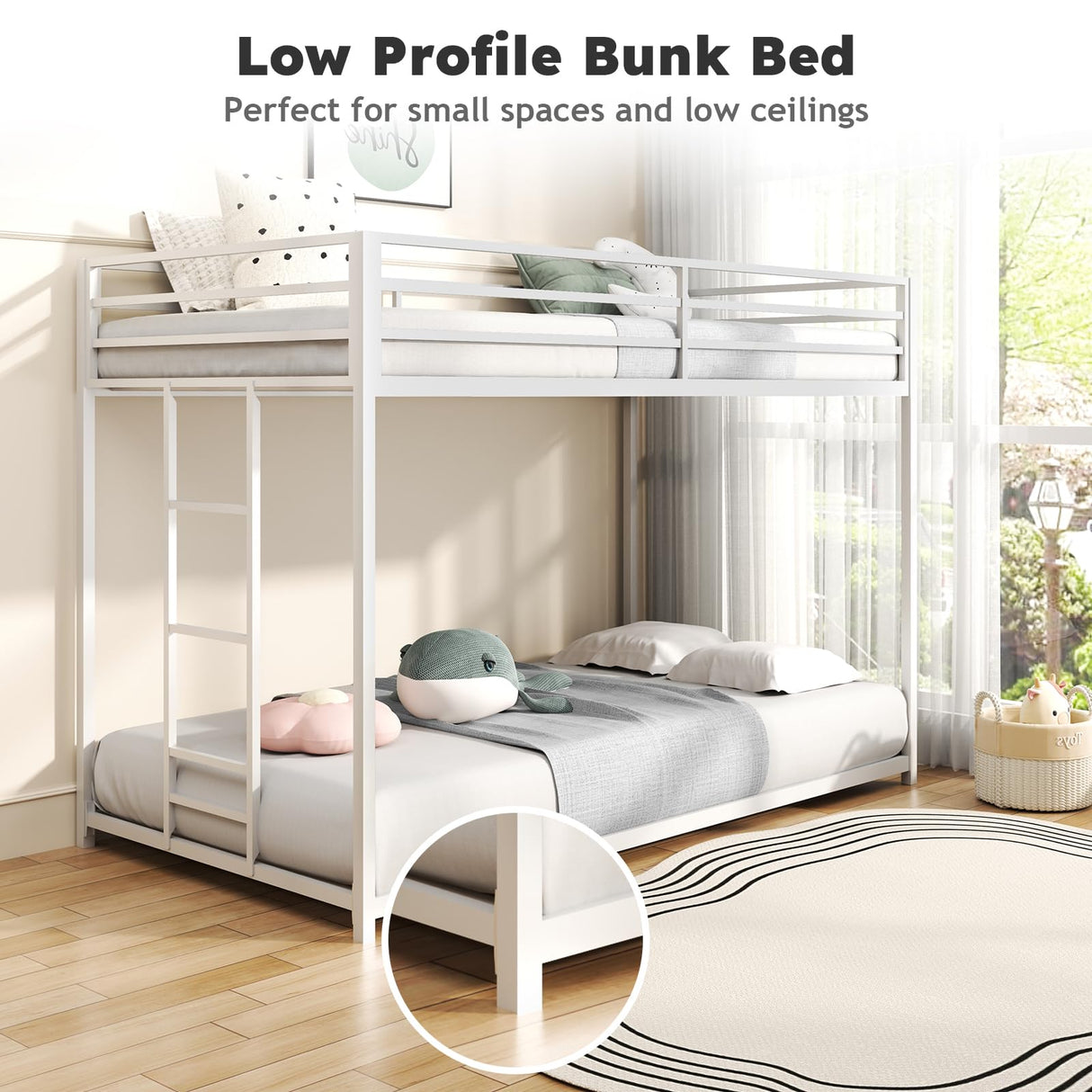 Zevemomo Twin Over Twin Bunk Bed, Metal Low Profile Bunkbeds with Full-Length Guardrail and Ladder, Space Saving, No Boxing Spring Needed, White Zevemomo