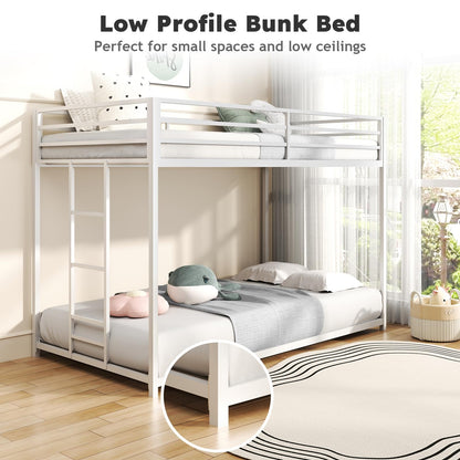 Zevemomo Twin Over Twin Bunk Bed, Metal Low Profile Bunkbeds with Full-Length Guardrail and Ladder, Space Saving, No Boxing Spring Needed, White